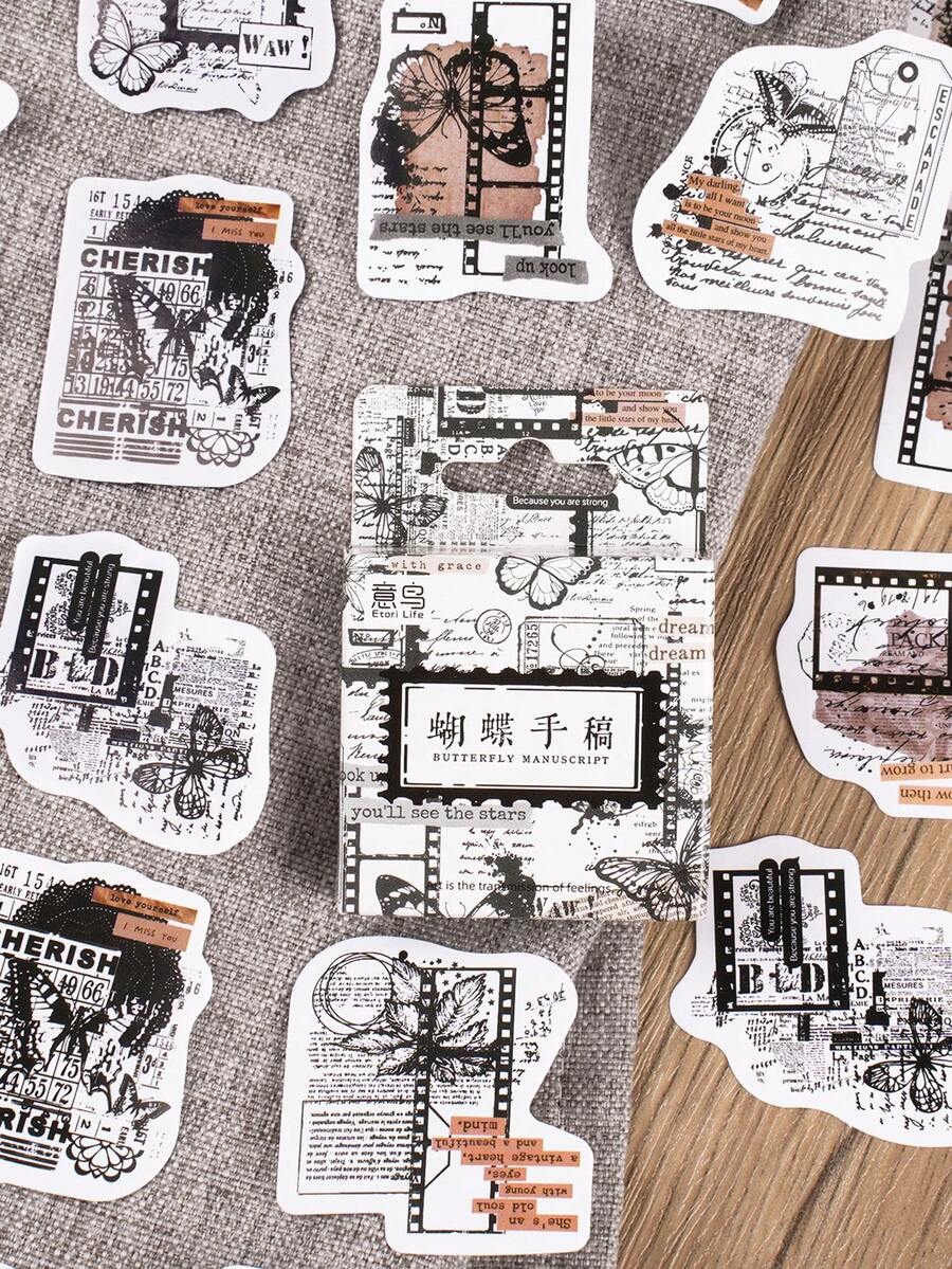 1 Box 46pcs Butterfly Theme Decorative Stickers, Self-Adhesive For Scrapbook, Journal, Envelope Seals - Black and White - View 1
