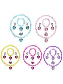 4pcs Girls' Dress Up Accessories Set Including Diamond Necklace, Bracelet, Ring, Earrings - Hot Pink - View 3