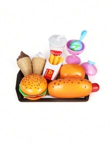 1個兒童假想遊戲漢堡和冰淇淋玩具,迷你廚房烹飪食物模型,男孩和女孩,嬰兒生日和新年禮物