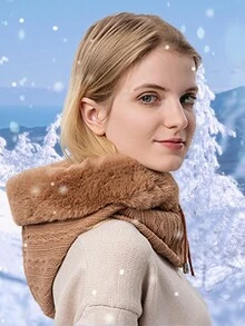 1pc Plush Neck Gaiter And Face Cover Integrated Winter Hat, Outdoor Cycling Headgear, Keep Warm While Riding, Skiing - Khaki - View 3