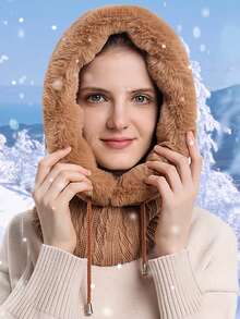 1pc Plush Neck Gaiter And Face Cover Integrated Winter Hat, Outdoor Cycling Headgear, Keep Warm While Riding, Skiing - Khaki - View 2