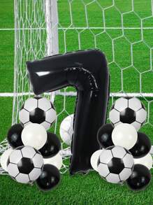 17pcs-32in Black Aluminum Foil Number Balloons/18in Black & White Football Aluminum Foil Ball/10in Black & White Latex Balloons With Set For First Birthday Party Decoration, Football Theme Anniversary Celebration Scene Atmosphere Props,Christmas