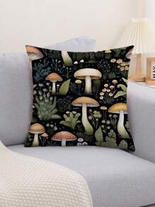 1入組植物和蘑菇圖案枕套,現代風格印花雪紡織布靠墊套,適用於家居裝飾,沙發,臥室 - 黑色 - 查看 1