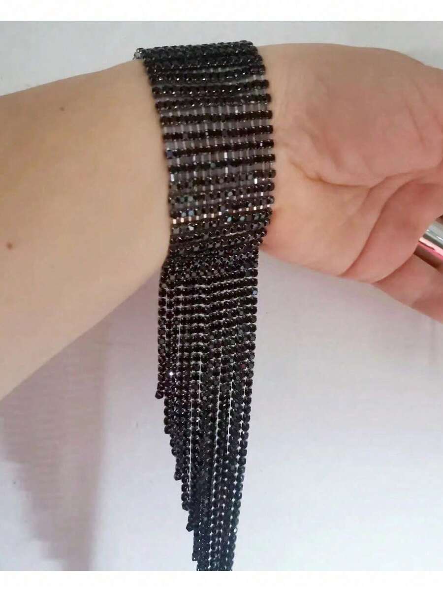 新品上市黑色閃亮全鑲鑽流蘇手鍊 - 新款閃亮滿鑽流蘇手鍊黑色 - 查看 1