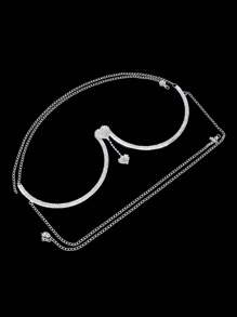 Women's Double Heart Pendant Rhinestone Bra Chain Jewelry - Silver - View 3