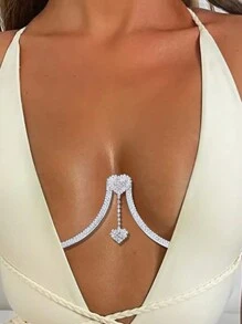 Women's Double Heart Pendant Rhinestone Bra Chain Jewelry - Silver - View 1