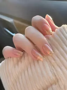 24片装按压式美甲贴片，短款棺材形渐变闪粉设计，可重复使用软胶美甲贴片，12种尺寸，包含1瓶果冻胶和1把指甲锉，适合女性和女孩使用。 - 彩色 - 查看 6