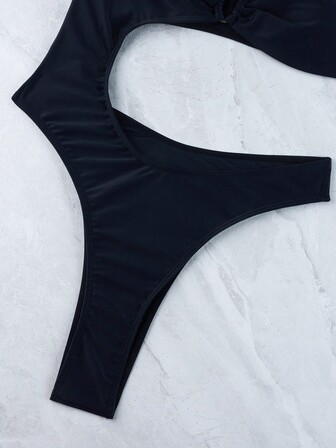 1pc Women's Nylon Black Asymmetric Snap-Front One Piece Swimsuit Summer