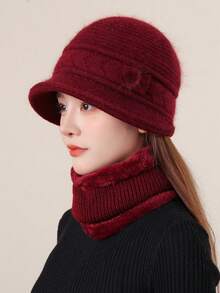 1套(1入帽子+1入圍巾)女性針織帽子和圍巾套裝，秋冬保暖套裝，女士帽子，秋冬加厚針織帽，多功能保暖圍巾耳保暖針織帽 - 酒紅色 - 查看 1