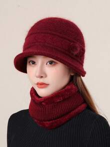 1套(1入帽子+1入圍巾)女性針織帽子和圍巾套裝，秋冬保暖套裝，女士帽子，秋冬加厚針織帽，多功能保暖圍巾耳保暖針織帽 - 酒紅色 - 查看 3
