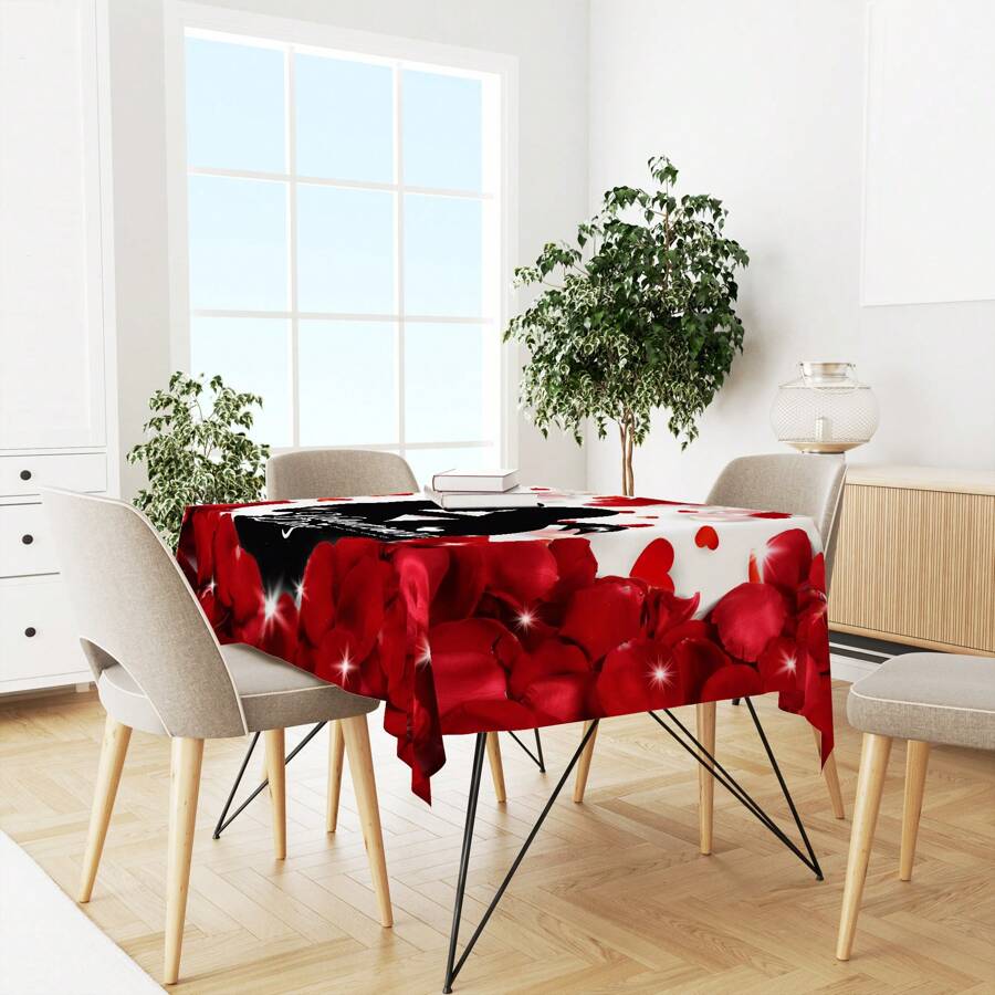 1PC Valentine's Day Warm Rose Petals Candlelight Dinner Rectangular Table Cloth Decoration Couple Romantic Embrace Kitchen Table Holiday Party Round Waterproof And Wipable Polyester Table Cloth 60 * 60/60 * 84/60 * 104in - Rose Red - View 1