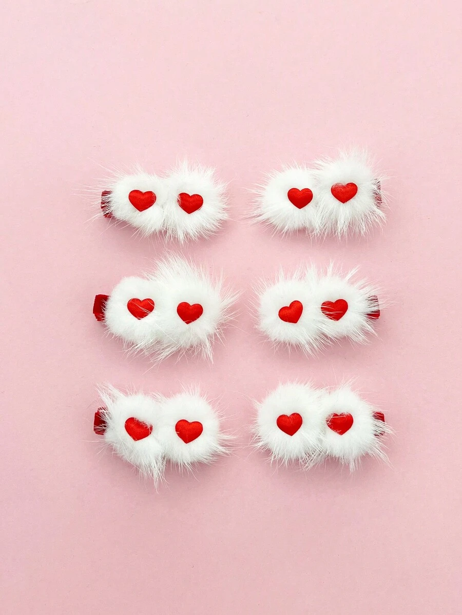 甜美情人節白色毛球紅心髮夾,適合派對、情人節約會、閃閃發光的裝飾品、戶外聚會,適合辮子和發髻,適合秋冬裝飾 - 彩色 - 查看 1