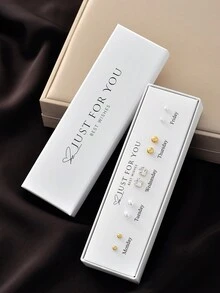 禮盒套裝 5 對簡約時尚珍珠幾何方形裝飾耳環套裝適合女士日常佩戴和節日禮物適合節日派對 - 金黃色 - 查看 5