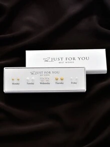 禮盒套裝 5 對簡約時尚珍珠幾何方形裝飾耳環套裝適合女士日常佩戴和節日禮物適合節日派對 - 金黃色 - 查看 1