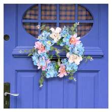 1pc,Blue Hydrangea Wreath,Spring Summer Wreaths For Front Door, Artificial Blue And Pink Flowers Spring Door Wreath ,Spring Floral Wreath For Indoor, Outdoor, Home Wall Window Decoration - Multicolor - View 4