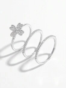 3pcs/set Cubic Zirconia Flower Decor Silver Wedding Band - Silver - View 1