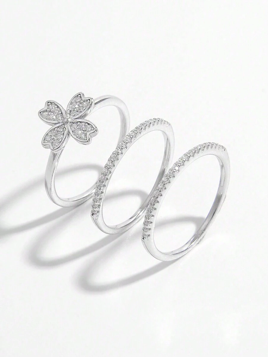 3pcs/set Cubic Zirconia Flower Decor Silver Wedding Band - Silver - View 1