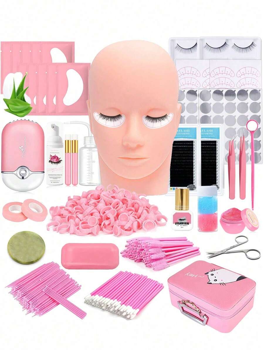 Lash Extension Kit Professional Eyelash Grafting Training Tools Mannequin Head USB Fan Lash Shampoo 0.07D Curl Mix 8-15mm Glue Practice Eyelash Strips Lash Mapping,Exercise Set for Beginner(Pink) - Pink - View 1