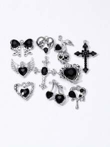 6入組哥特風格合金吊墜,鑲有水晶、蝴蝶結、心形和櫻桃圖案,適用於diy耳環,項鍊和吊墜配件 - 黑色 - 查看 1