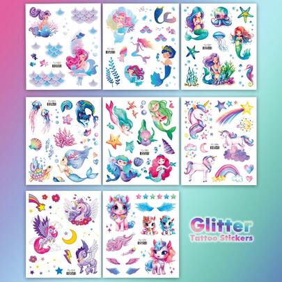 8 Long lanh Mỹ nhân ngư & Kỳ lân Hình xăm tạm thời Hình dán Dành cho Cô gái Con trai , Hoạt hình Không thấm nước Kỳ lân Cầu vồng Nơ Cánh Mỹ nhân ngư Nàng tiên Đại dương Sao biển San hô Rùa Mẫu , Tiệc sinh nhật , Món quà , Bền vững 2-5 Ngày