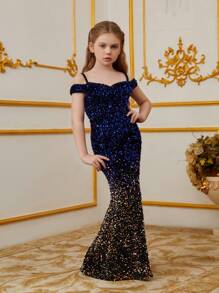 Vestido de noche de lentejuelas con degradado de color para niña preadolescente - Vestido de fiesta largo hasta el suelo con ajuste ceñido y hombros descubiertos para bodas/bailes de graduación/ocasiones especiales - azul real - Ver 5