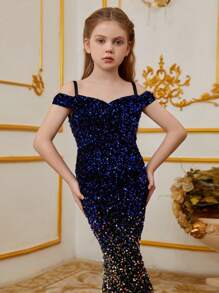Vestido de noche de lentejuelas con degradado de color para niña preadolescente - Vestido de fiesta largo hasta el suelo con ajuste ceñido y hombros descubiertos para bodas/bailes de graduación/ocasiones especiales - azul real - Ver 6