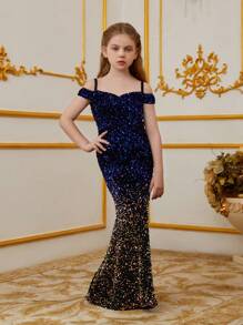 Vestido de noche de lentejuelas con degradado de color para niña preadolescente - Vestido de fiesta largo hasta el suelo con ajuste ceñido y hombros descubiertos para bodas/bailes de graduación/ocasiones especiales - azul real - Ver 4