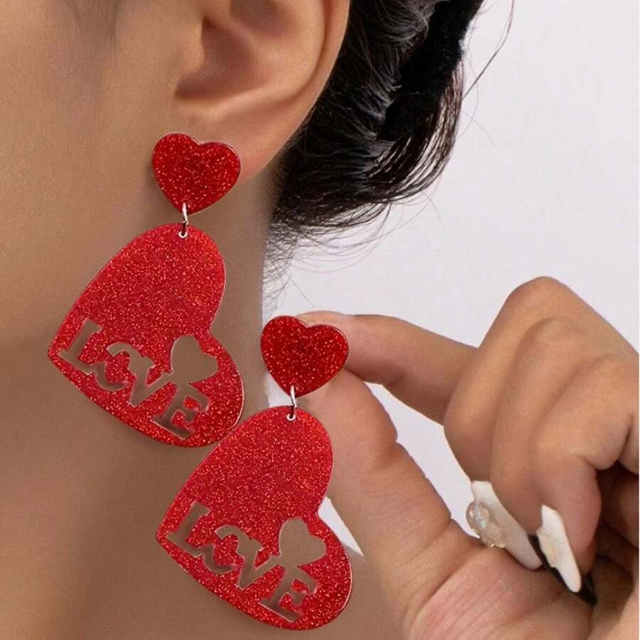 情人節時尚心型優雅壓克力愛心耳環 - 豎心款 - 查看 1