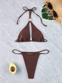 Conjunto De 2 Piezas De Top De Bikini Triangular Con Cuello Halter Y Braguitas De Baño De Color Liso - Marrón - Ver 2