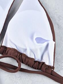 Conjunto De 2 Piezas De Top De Bikini Triangular Con Cuello Halter Y Braguitas De Baño De Color Liso - Marrón - Ver 7