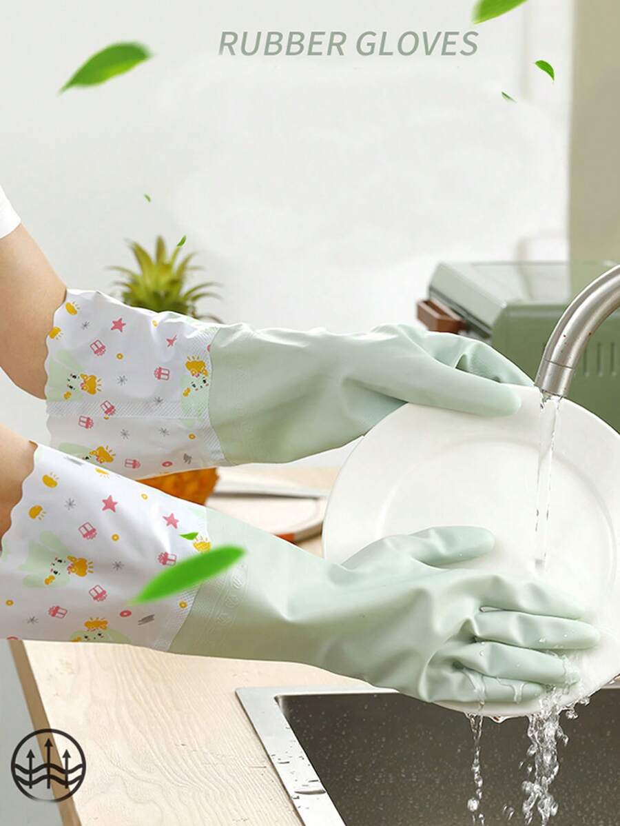 1Pair Reusable Long Dishwashing Cleaning Gloves -  Rubber Protection Gloves For Cleaning - Green - View 1