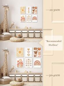 6 件波西米亞風牆藝術彩虹愛心帆布畫向日葵印刷圖片陽光壁畫熊畫海報苗圃牆壁海報女嬰臥室裝飾無框 - 杏色 - 查看 4