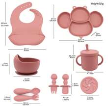 硅膠嬰兒餵食套裝,9件裝,包括可愛吸盤碟、可調節圍兜、柔軟的湯勺和叉子、有蓋零食杯和飲水杯,非常適合剛斷奶的寶寶,新款式的餐具套裝 - 藍色 - 查看 8