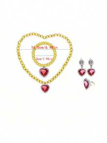 4pcs Girls' Dress Up Accessories Set Including Diamond Necklace, Bracelet, Ring, Earrings - Hot Pink - View 2