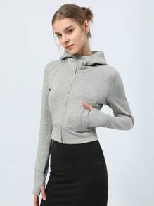 Sodalemon Sports Hooded Jacket With Side Pockets For Workouts With Thumb Holes For Outer Wear Sports Hooded Jacket With Side Pockets Compression Shirt - Grey - View 3