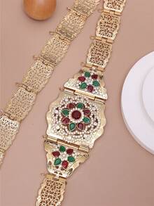 1個摩洛哥風格的金屬腰鏈,女性腰鏈飾品,婚禮禮服配件,帶有花瓣圖案的鑲滿閃亮鑽石的空心水晶花吊墜,可調節長度的身體珠寶 - 金彩中間紅 - 查看 3