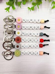 護士節可愛小雛菊矽膠護士英文字母矽膠珠鑰匙鍊袋飾配件女護士禮物 - 灰色-04 - 查看 1