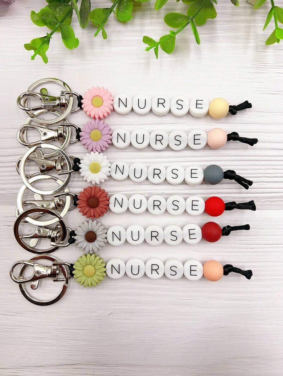 護士節可愛小雛菊矽膠護士英文字母矽膠珠鑰匙鍊袋飾配件女護士禮物 - 灰色-04 - 查看 1