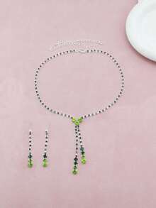 European And American Fashionable Simple Single-Layer Green Rhinestone Gradient Exquisite Necklace Earrings Set For Women, Elegant Jewellery For Parties And Banquets - Silver - View 5