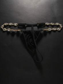 1pc Silver Rhinestone Crystal Chain Black Underwear/Bikini Jewelry Body Chain, Sexy Beach G-String - Gold - View 5