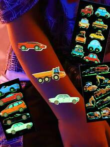10sheets Engineering Vehicle Style Glow-In-The-Dark Temporary Tattoo Sticker With Cartoon Engineering Vehicle Pattern, Long Lasting And Waterproof, Perfect For Festival Party Makeup, Party Gift - Multicolor - View 2