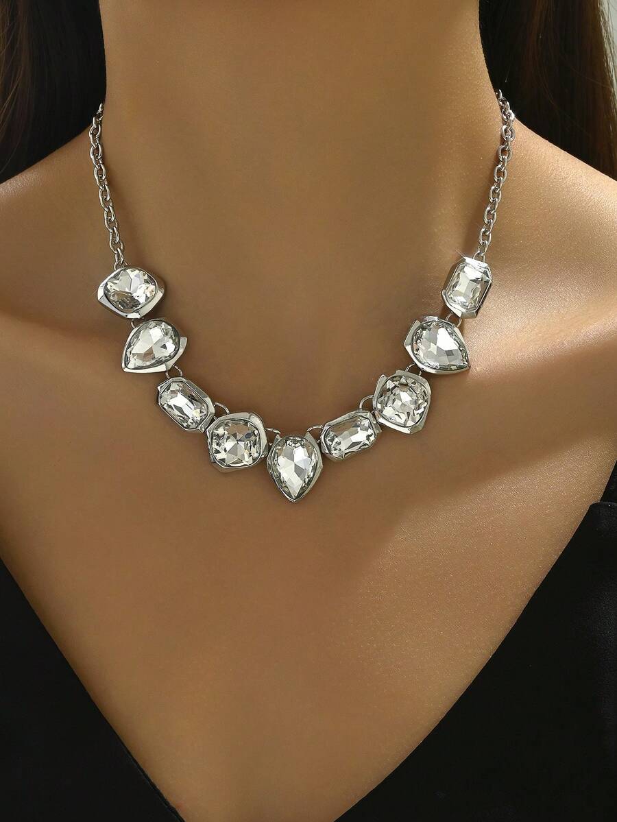 1 件超大复古奢华宴会水钻闪光项链女士时尚合金珠宝配饰派对节日精美周年纪念礼物 - 不規則設計 - 查看 1