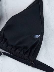 2pcs Black Ribbed Tie Front Triangle Bikini Set Swimsuits For Women - Black - View 9