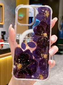 1pc Magnetic Adsorption Anti-Drop Gold Foil Sparkling Camellia Tpu Phone Case Compatible With IPhone - Multicolor - View 1
