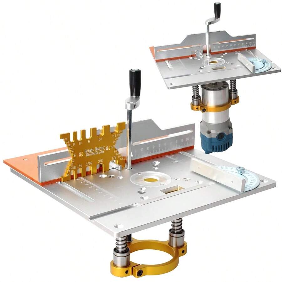 Un Juego De Placa De Inserción De Mesa De Enrutador Plateado + Dispositivo De Elevación, Placa Abatible Eléctrica Para Fresado De Madera Con Juego De Guía De Calibre De Inglete, Sierra De Mesa, Banco De Trabajo Para Carpintería - Plateado - Ver 1