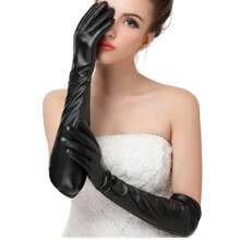 1對女款長肘晚宴派對柔軟皮手套女士保暖裡布冬季手套 - 黑色 - 查看 2