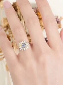 1pc 925 Sterling Silver Adjustable Simple Style Daisy Flower Design Colorful Cubic Zirconia Inlaid Ring - Silver - View 3