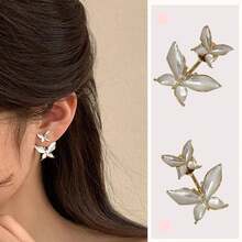 1pair Double Exquisite Butterfly Design With White Synthetic Gems Decor Stud Earrings Elegant  Jewelry Female Gift - One Size - View 5