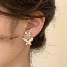 1pair Double Exquisite Butterfly Design With White Synthetic Gems Decor Stud Earrings Elegant  Jewelry Female Gift - One Size - View 1