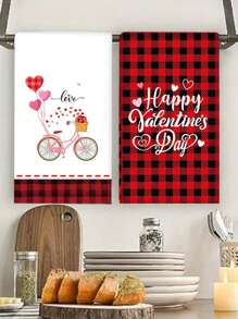 2入組超細纖維15.7*23.6英寸矩形聚酯纖維廚房毛巾，印有LOVE字母和小矮人圖案，現代簡約風格，適用於廚房、浴室、客廳、餐廳、臥室等場所，是送給父母和朋友的不錯禮物 - 紅色 - 查看 1